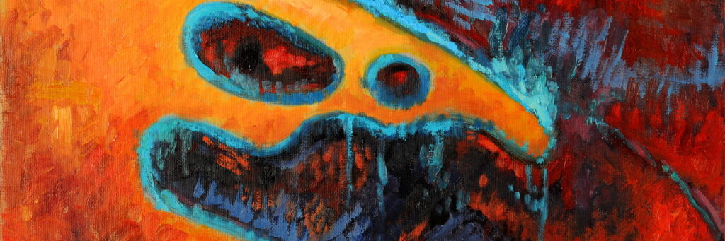 Abstract oil painting in warm colors with blue accents