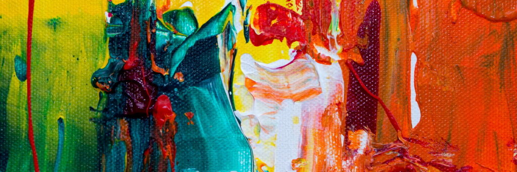 Abstract Painting with thick acrylic strokes; Orange Red, Green. white, mixing together 
